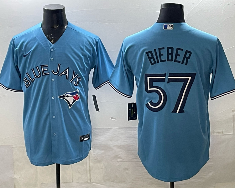 Men's Toronto Blue Jays Shane Bieber #57 Powder Blue Jersey