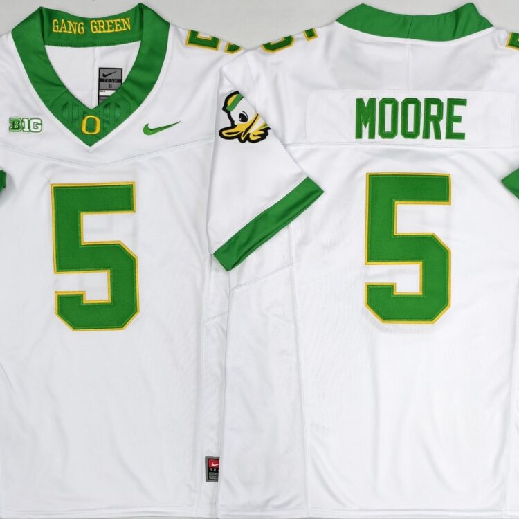 Men's Oregon Ducks White #5 MOORE Stitched Jersey