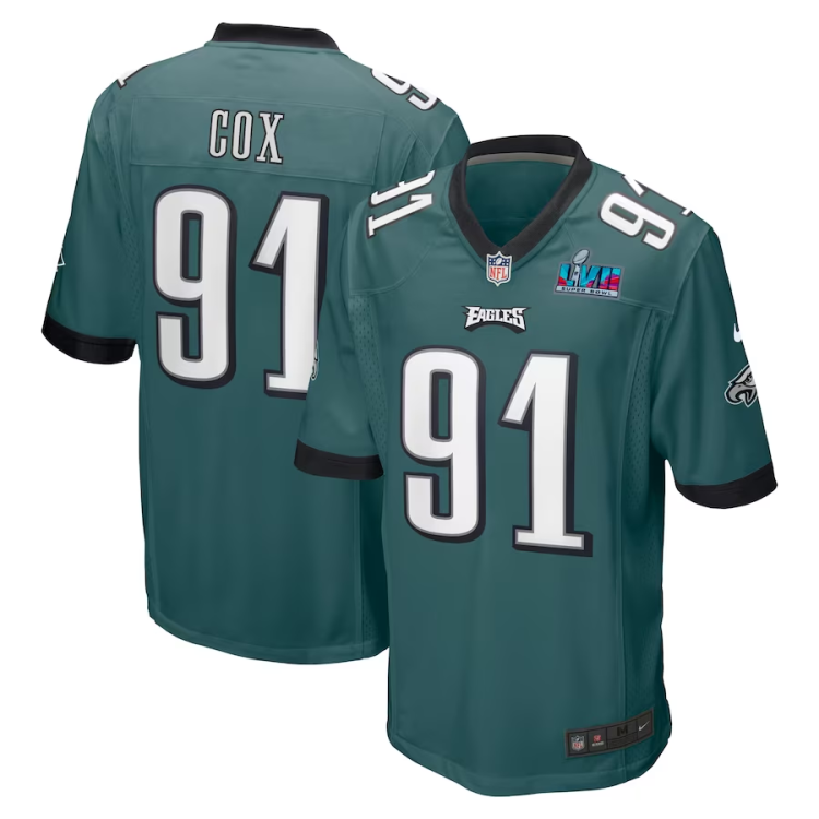 Men's Philadelphia Eagles Fletcher Cox #91 Midnight Green Super Bowl LVII Patch Jersey