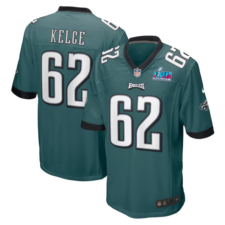Men's Philadelphia Eagles Jason Kelce #62 Midnight Green Super Bowl LVII Patch Jersey
