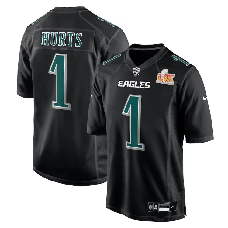 Men's Philadelphia Eagles Jalen Hurts #1 Carbon Black Super Bowl LIX Jersey