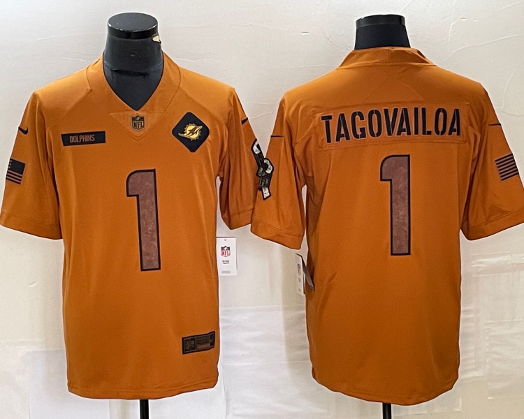 Men's Miami Dolphins Tua Tagovailoa #1 Brown 2023 Salute To Service Limited Jersey
