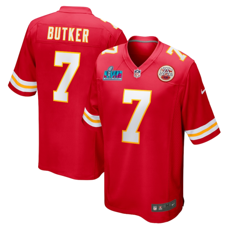 Men's Kansas City Chiefs Harrison Butker #7 Red Super Bowl LVII Patch Jersey