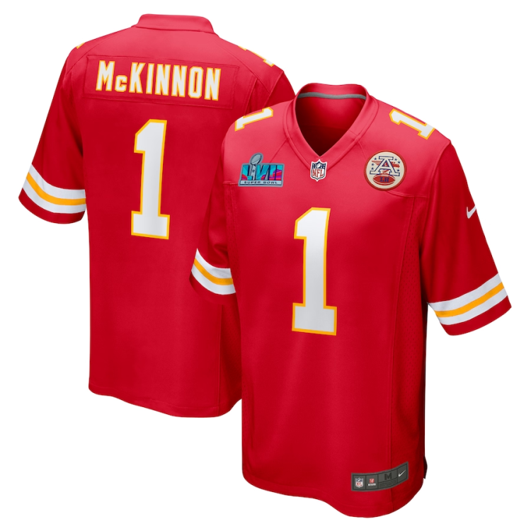 Men's Kansas City Chiefs Jerick McKinnon #1 Red Super Bowl LVII Patch Jersey