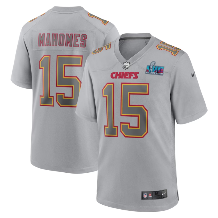 Men's Kansas City Chiefs Patrick Mahomes #15 Gray Super Bowl LVII Patch Atmosphere Jersey