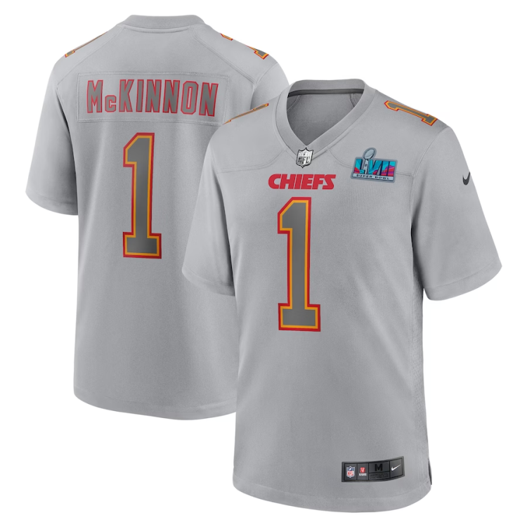 Men's Kansas City Chiefs Jerick McKinnon #1 Gray Super Bowl LVII Patch Atmosphere Jersey
