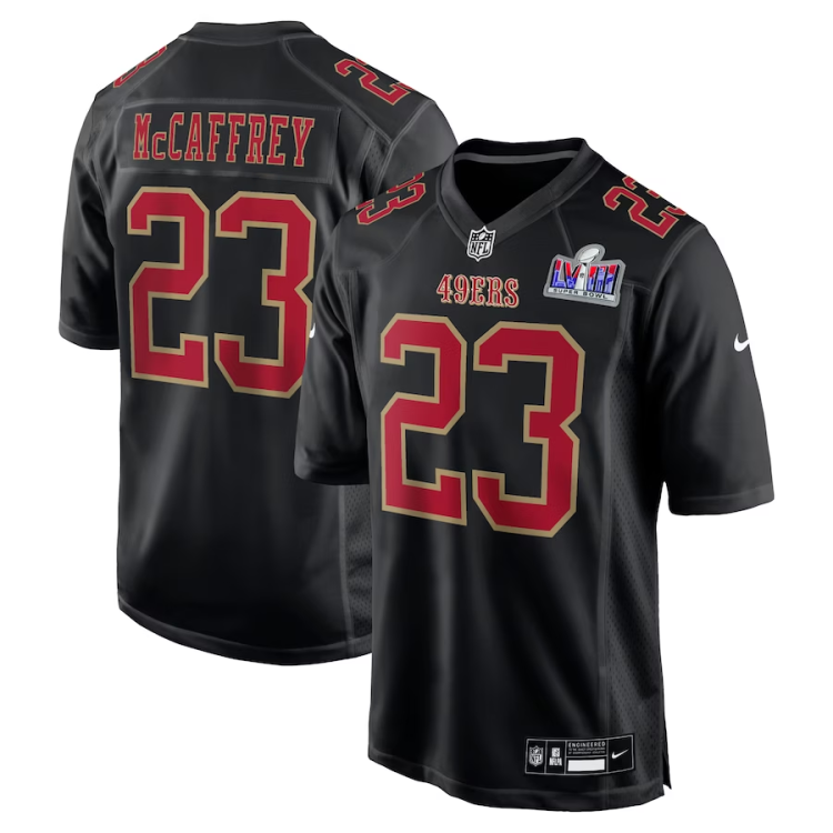 Men's San Francisco 49ers Christian McCaffrey #23 Black Super Bowl LVIII Carbon Jersey