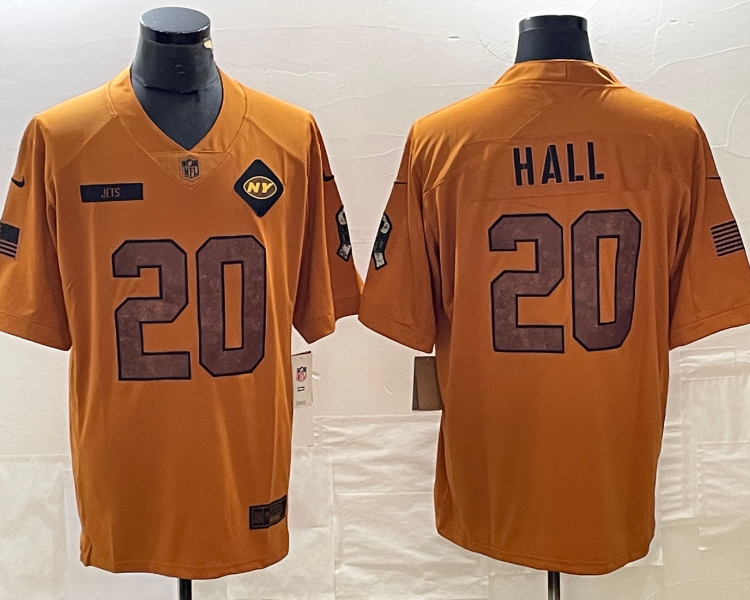 Men's New York Jets Breece Hall #20 Brown 2023 Salute To Service Limited Jersey