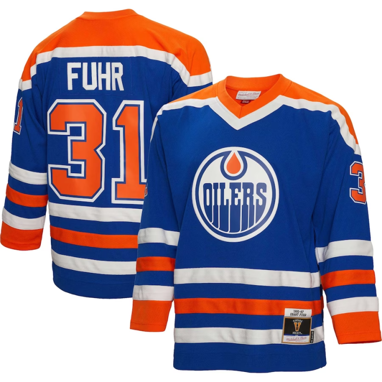 Men's Edmonton Oilers Grant Fuhr Mitchell #31 Ness Royal 1986/87 Blue Line Jersey