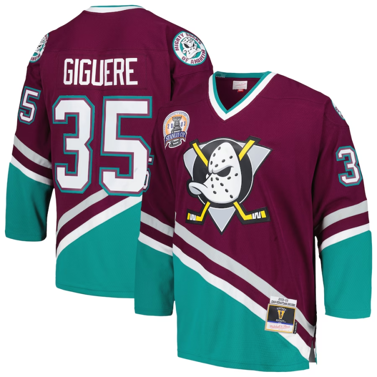 Men's Anaheim Ducks Jean-Sebastien Giguere Mitchell #35 Ness Purple 2002/03 Blue Line Jersey