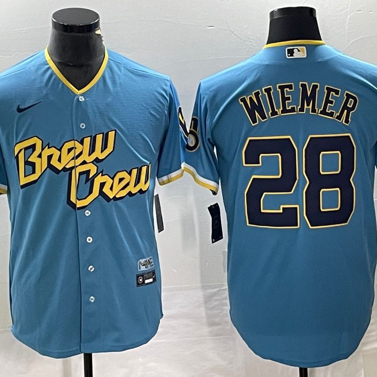 Men's Milwaukee Brewers Joey Wiemer #28 Powder Blue 2022 City Connect Jersey