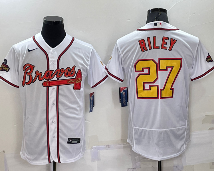 Men's Atlanta Braves Austin Riley #27 White Champion Edition Stitched Jersey