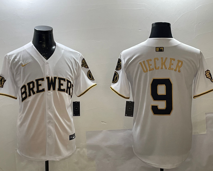 Men's Milwaukee Brewers Bob Uecker #9 White Team Jersey