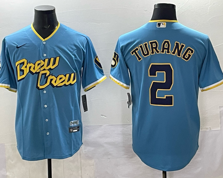 Men's Milwaukee Brewers Brice Turang #2 Powder Blue City Connect Jersey