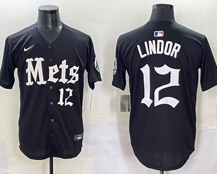 Men's New York Mets Francisco Lindor #12 Black Jersey