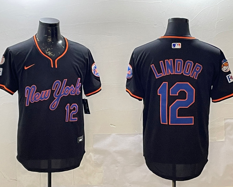 Men's New York Mets Francisco Lindor #12 Black Jersey