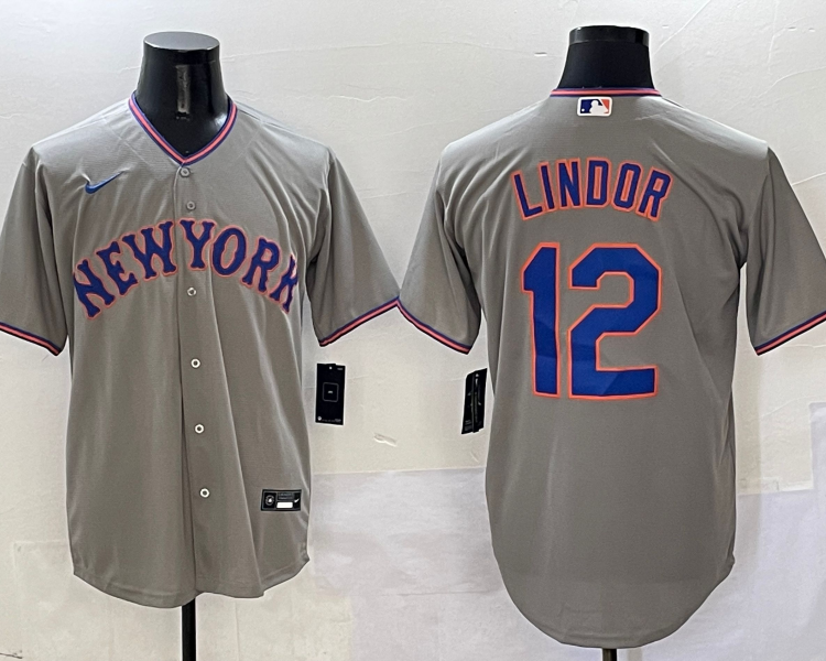Men's New York Mets Francisco Lindor #12 Gray Jersey