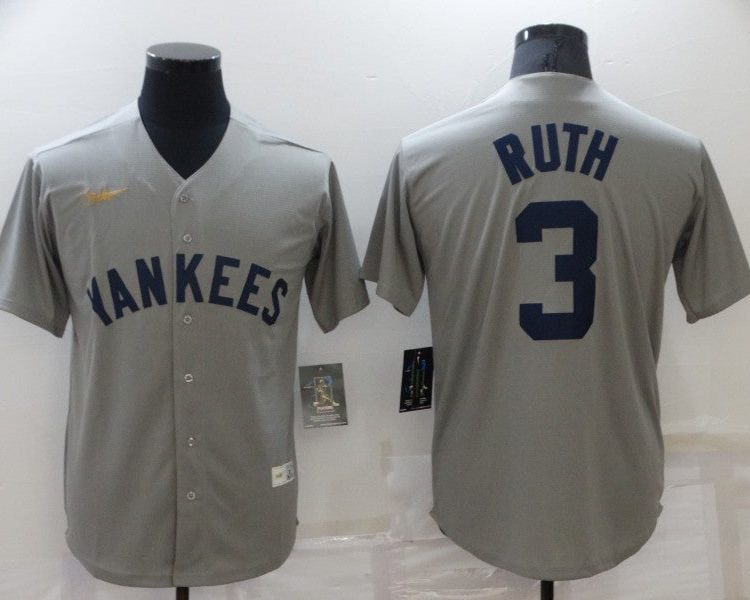 Men's New York Yankees Babe Ruth #3 Gray Baseball Jersey