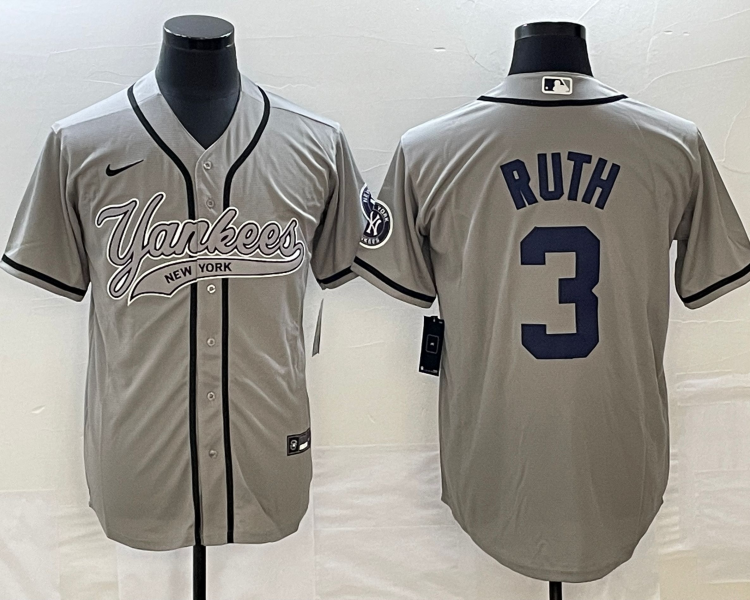 Men's New York Yankees Babe Ruth #3 Gray Jersey Joint Edition