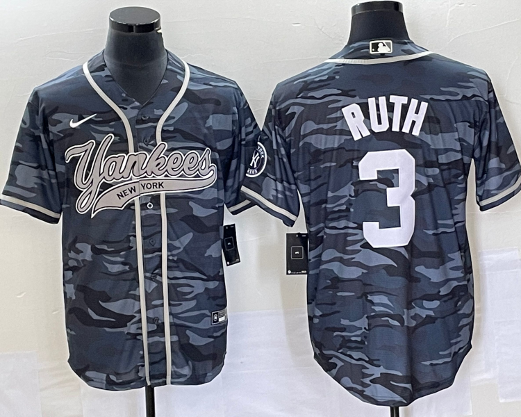 Men's New York Yankees Babe Ruth #3 Grey Camouflage Jersey Joint Edition