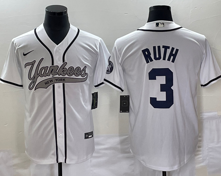 Men's New York Yankees Babe Ruth #3 White Jersey Joint Edition