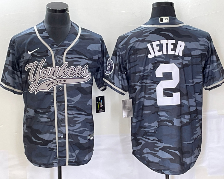 Men's New York Yankees Derek Jeter #2 Grey Camouflage Jersey Joint Edition
