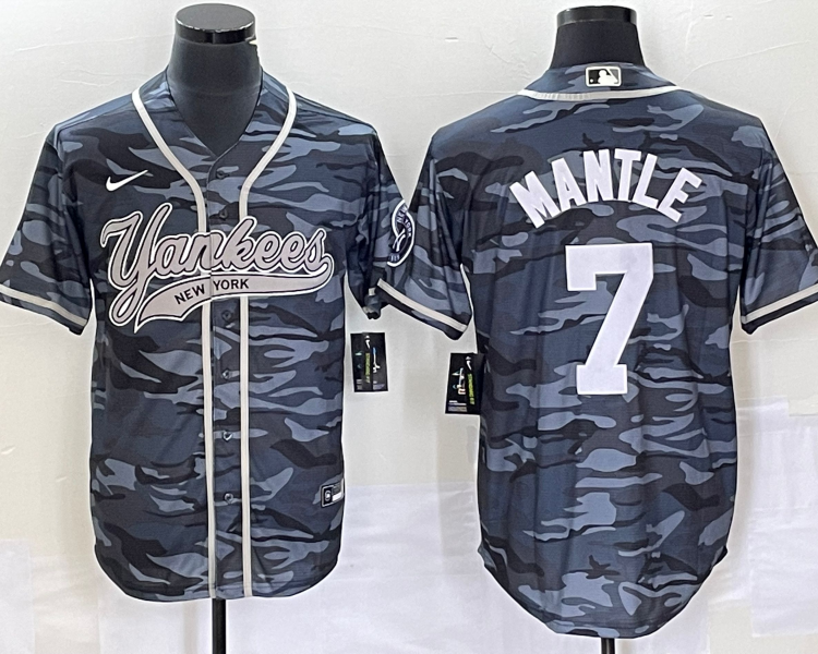 Men's New York Yankees Mickey Mantle #7 Grey Camouflage Jersey Joint Edition
