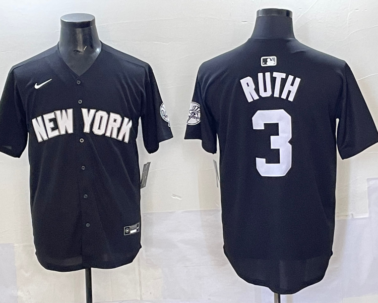 Men's New York Yankees Babe Ruth #3 Black Lights Out Jersey