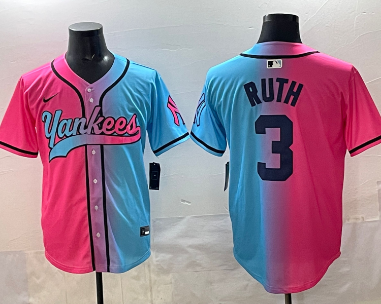 Men's New York Yankees Babe Ruth #3 Pink/Blue Jersey