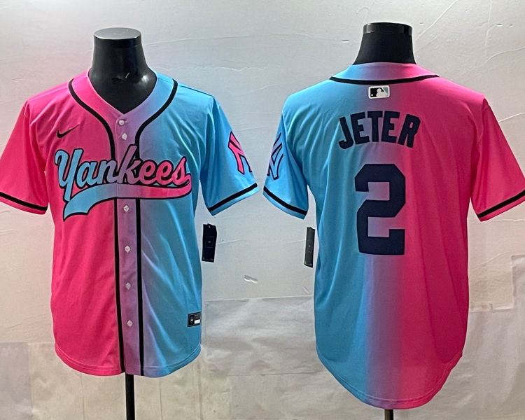 Men's New York Yankees Derek Jeter #2 Pink/Blue Jersey