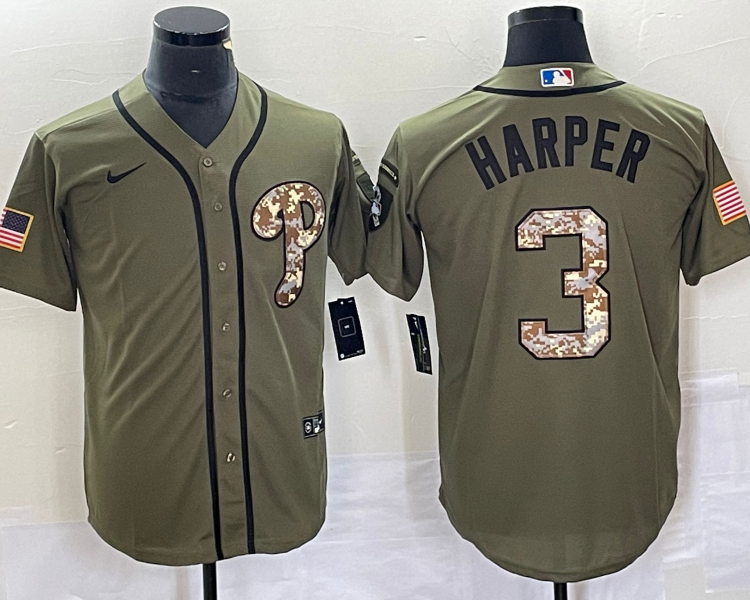 Men's Philadelphia Phillies Bryce Harper #3 Army Green Jersey