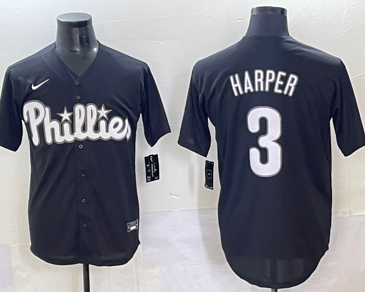Men's Philadelphia Phillies Bryce Harper #3 Black Lights Out Jersey