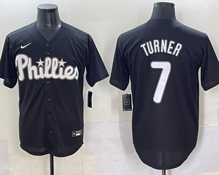 Men's Philadelphia Phillies Trea Turner #7 Black Lights Out Jersey