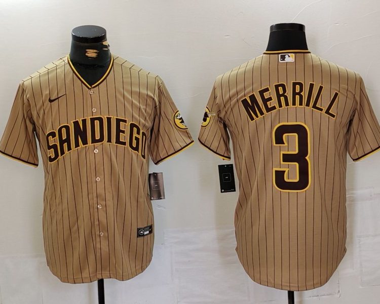 Men's San Diego Padres Jackson Merrill #3 Tan Jersey