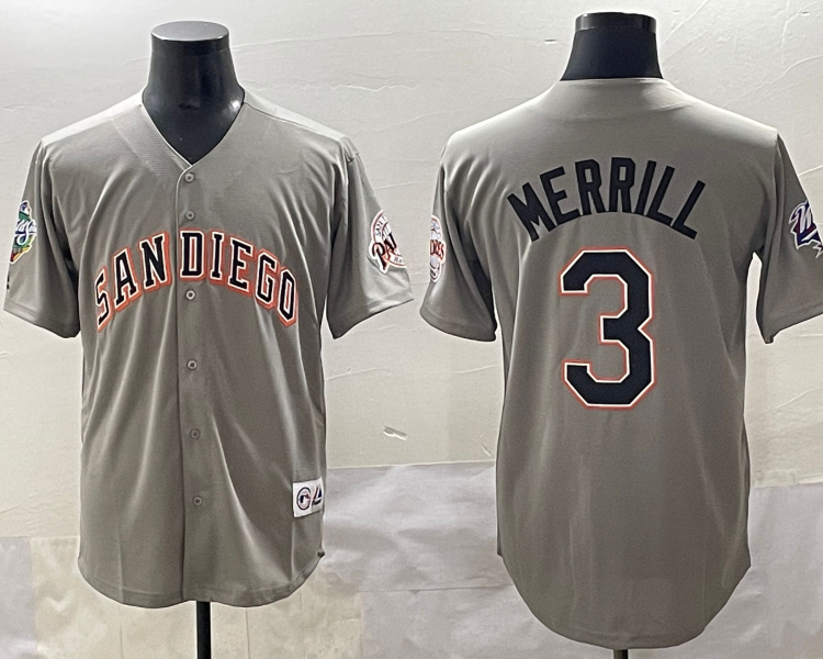 Men's San Diego Padres Jackson Merrill #3 Gray Jersey