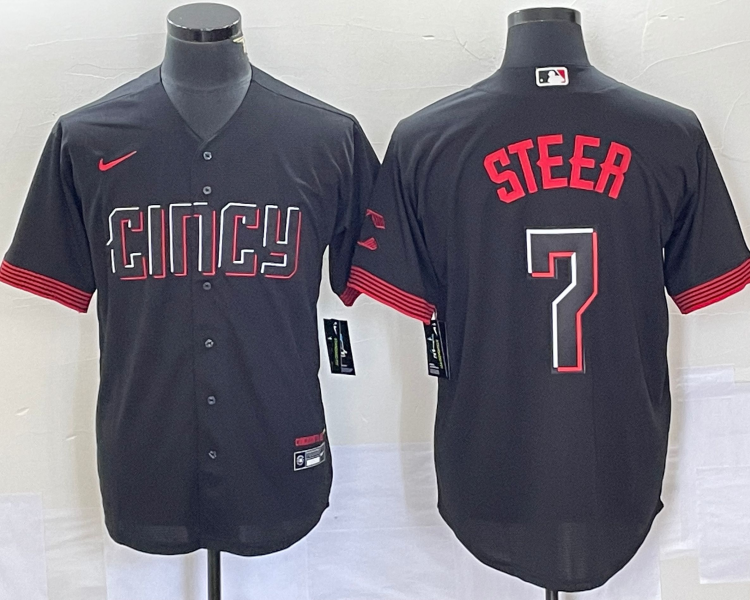Men's Cincinnati Reds Spencer Steer #7 Black 2023 City Connect Jersey
