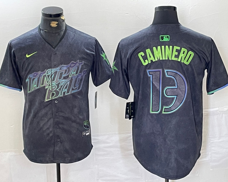 Men's Tampa Bay Rays Junior Caminero #13 Charcoal 2024 City Connect Limited Jersey
