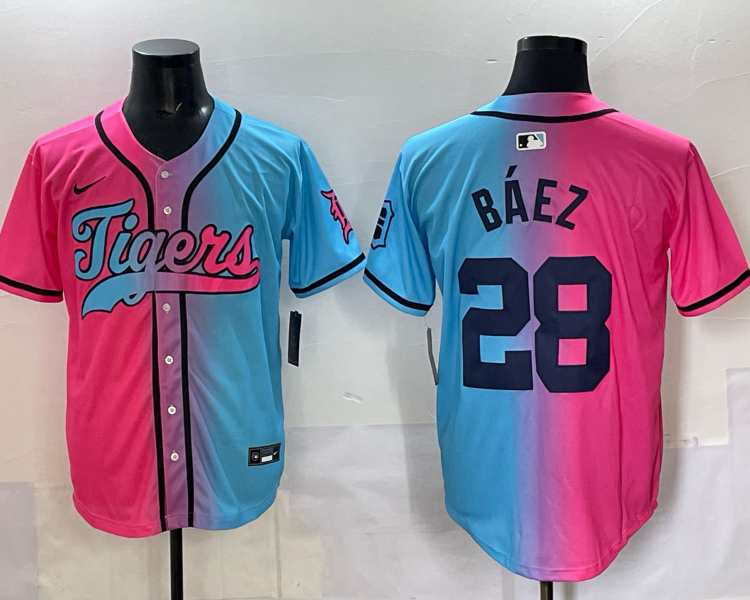 Men's Detroit Tigers Javier Baez #28 Pink/Blue Jersey