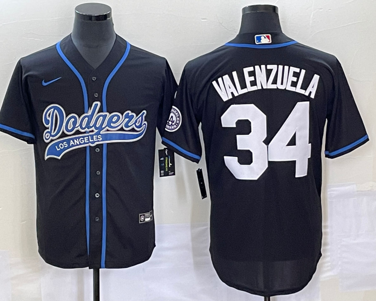 Men's Los Angeles Dodgers Fernando Valenzuela #34 Black Jersey Joint Edition