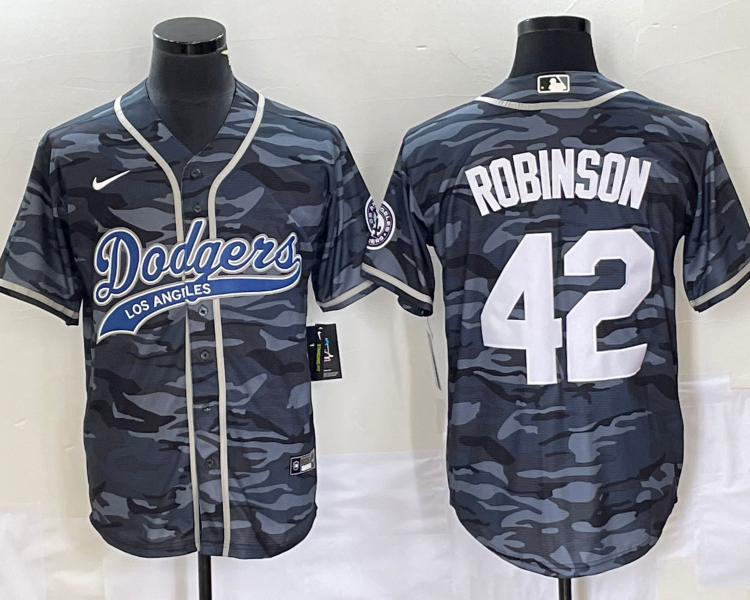 Men's Los Angeles Dodgers Jackie Robinson #42 Grey Camouflage Jersey Joint Edition