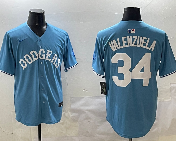 Men's Los Angeles Dodgers Fernando Valenzuela #34 Light Blue Limited Jersey