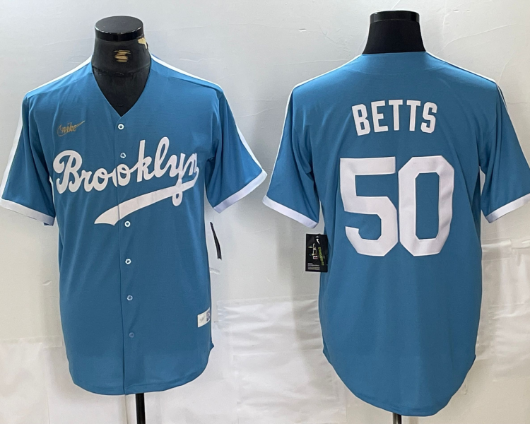 Men's Los Angeles Dodgers Mookie Betts #50 Light Blue Alternate Cooperstown Collection Jersey