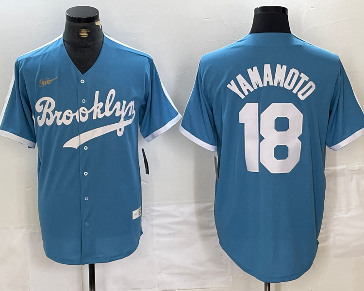 Men's Los Angeles Dodgers Yoshinobu Yamamoto #18 Light Blue Alternate Cooperstown Collection Jersey