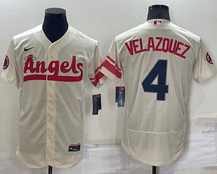 Men's Los Angeles Angels Andrew Velazquez #4 Beige Stitched Jersey