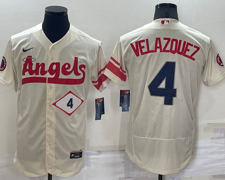 Men's Los Angeles Angels Andrew Velazquez #4 Beige Stitched Jersey