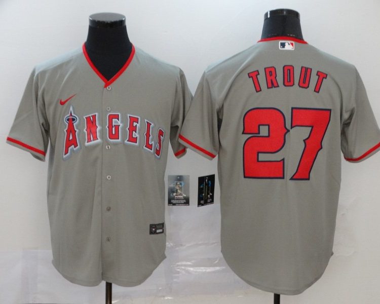 Men's Los Angeles Angels Mike Trout #27 Gray Sewn Jersey