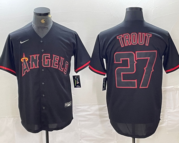 Men's Los Angeles Angels Mike Trout #27 MLB Black Sewn Baseball Jersey