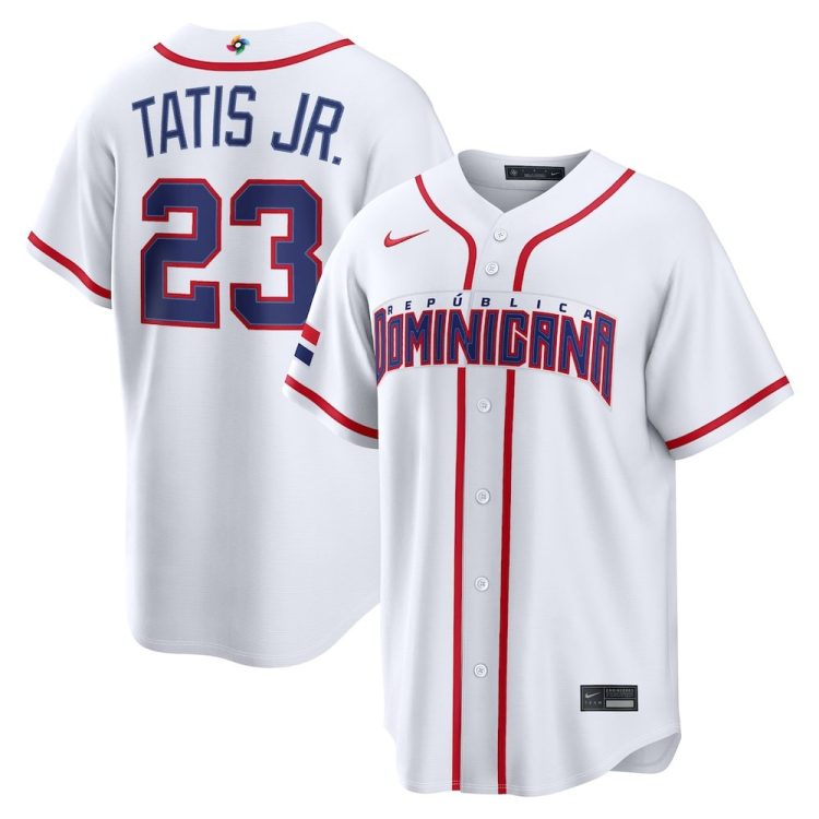 Men's Dominican Republic Baseball #23 Fernando Tatis Jr. White 2026 World Baseball Classic Home Stadium Jersey