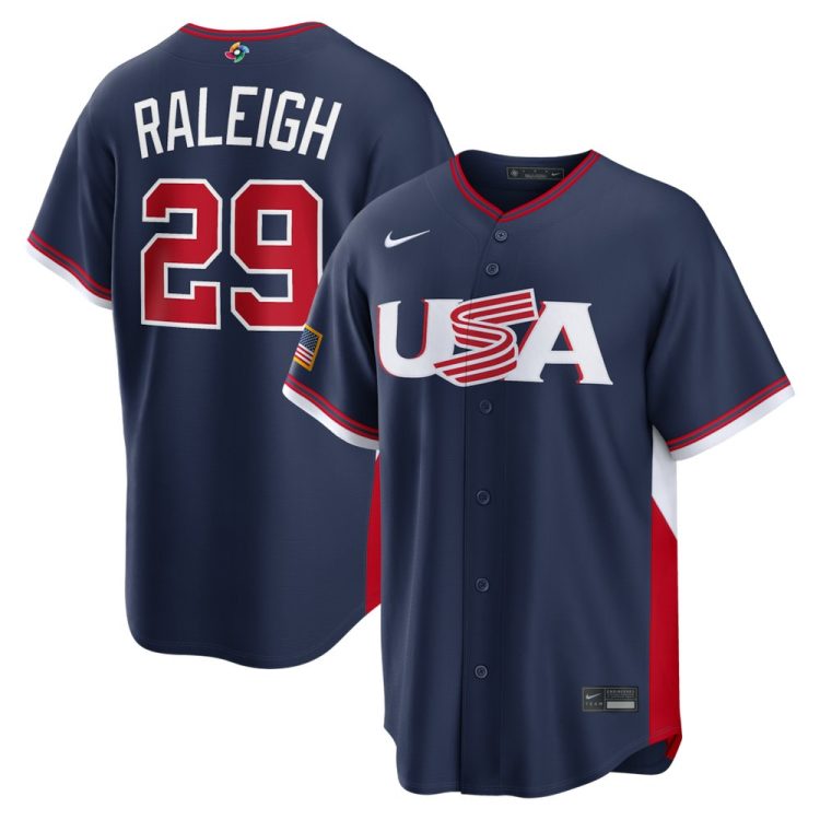 Men's USA Baseball #29 Cal Raleigh Navy 2026 World Baseball Classic Road Stadium Jersey
