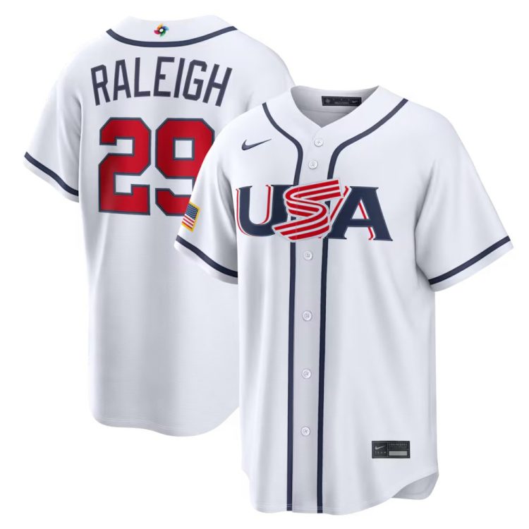 Men's USA Baseball #29 Cal Raleigh White 2026 World Baseball Classic Home Stadium Jersey
